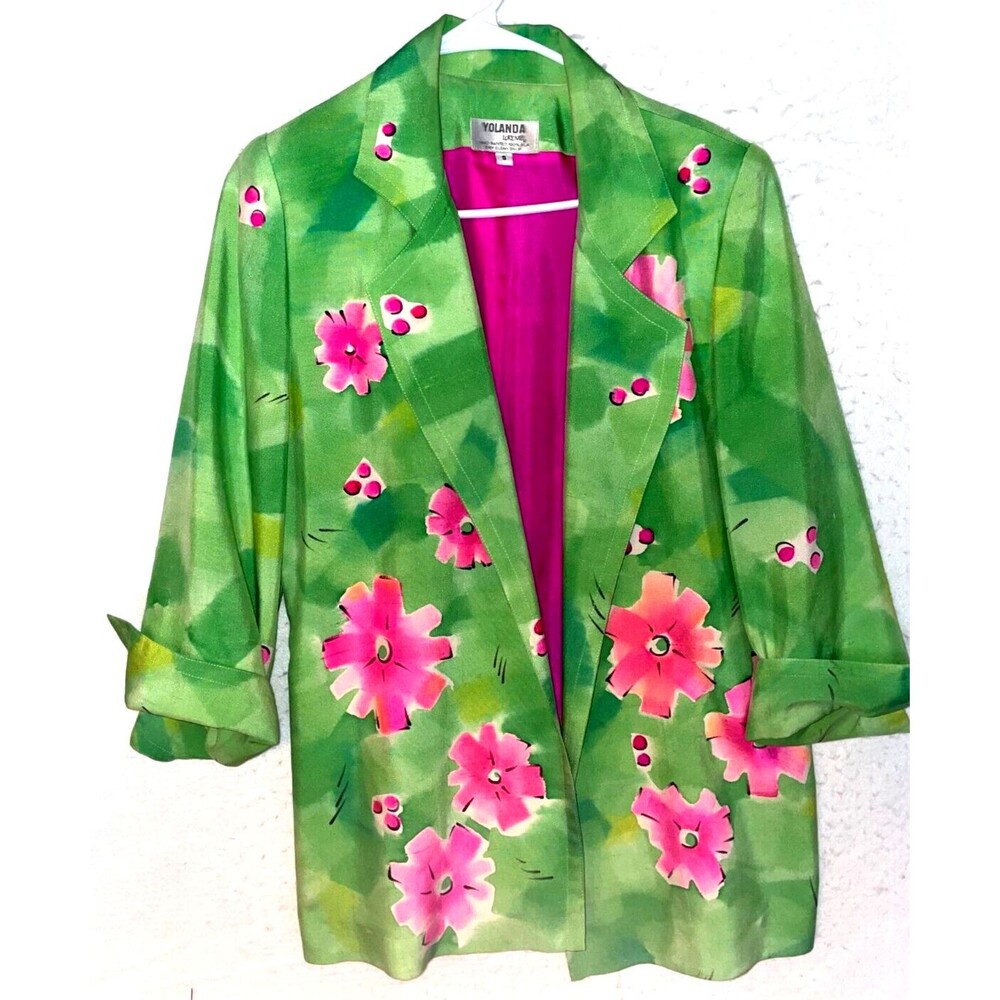 Yolanda Lorente Hand Painted 100% Silk Blazer Vibrant Art To Wear Women's Floral